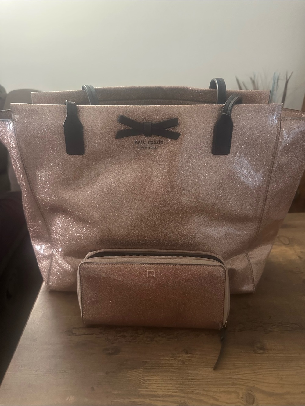 kate spade Rose Gold Glitter Tote with Black Bow and Matching Wallet